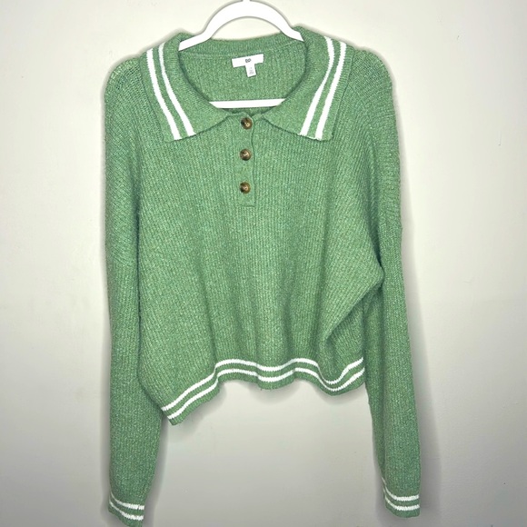 BP. Nordstrom Ribbed Collared Green Hedge Long Sleeve Polo Sweater Cropped 2x - Picture 1 of 11